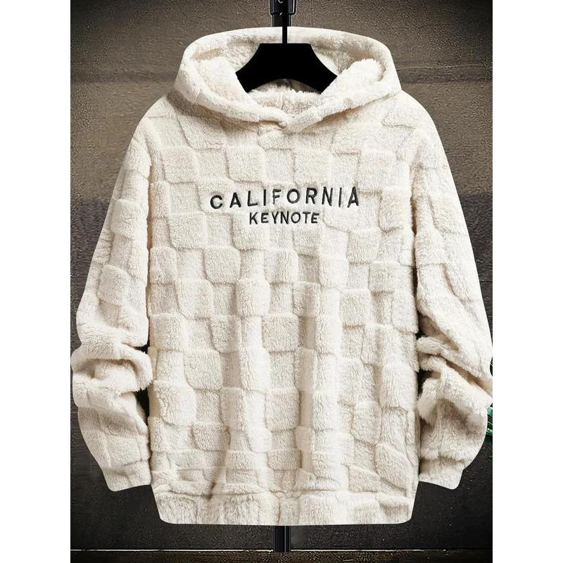 Men's Letter Embroidery Textured Drop Shoulder Fuzzy Hoodie, Regular Fit Casual Fashion Fall Streetwear Long Sleeve Hooded Sweat 3
