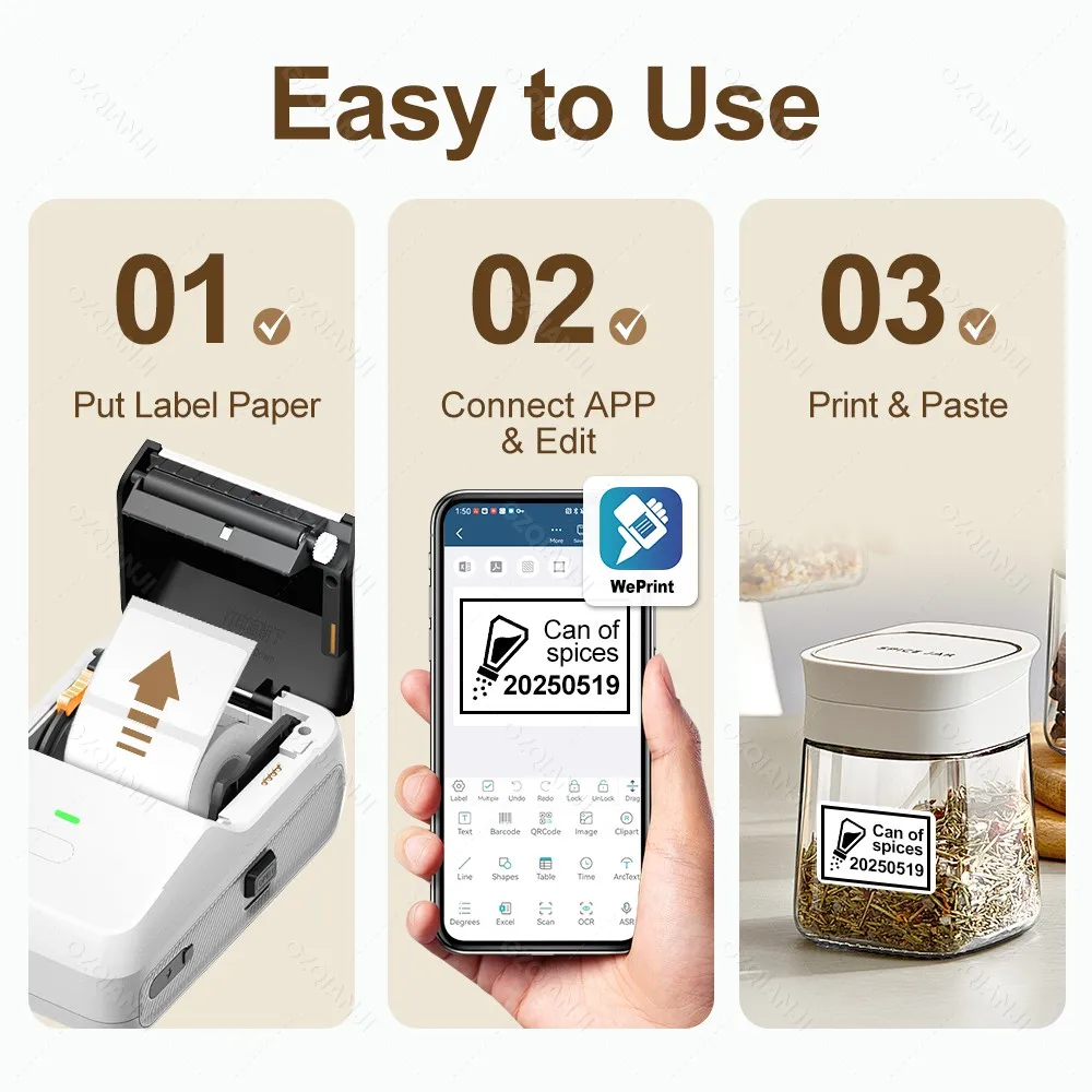 2inch Mini Thermal Label Printer 3Rolls Color Sticker Portable Wireless Bluetooth Cable Labeling Machine for 20-50mm Paper Rolls