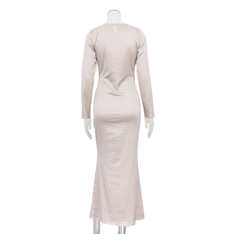 Hollow Out Satin Fashion Maxi Dress Female High Waist Slim Scoop Neck Long Sleeve Dress Solid Zipper Party Dress Summer