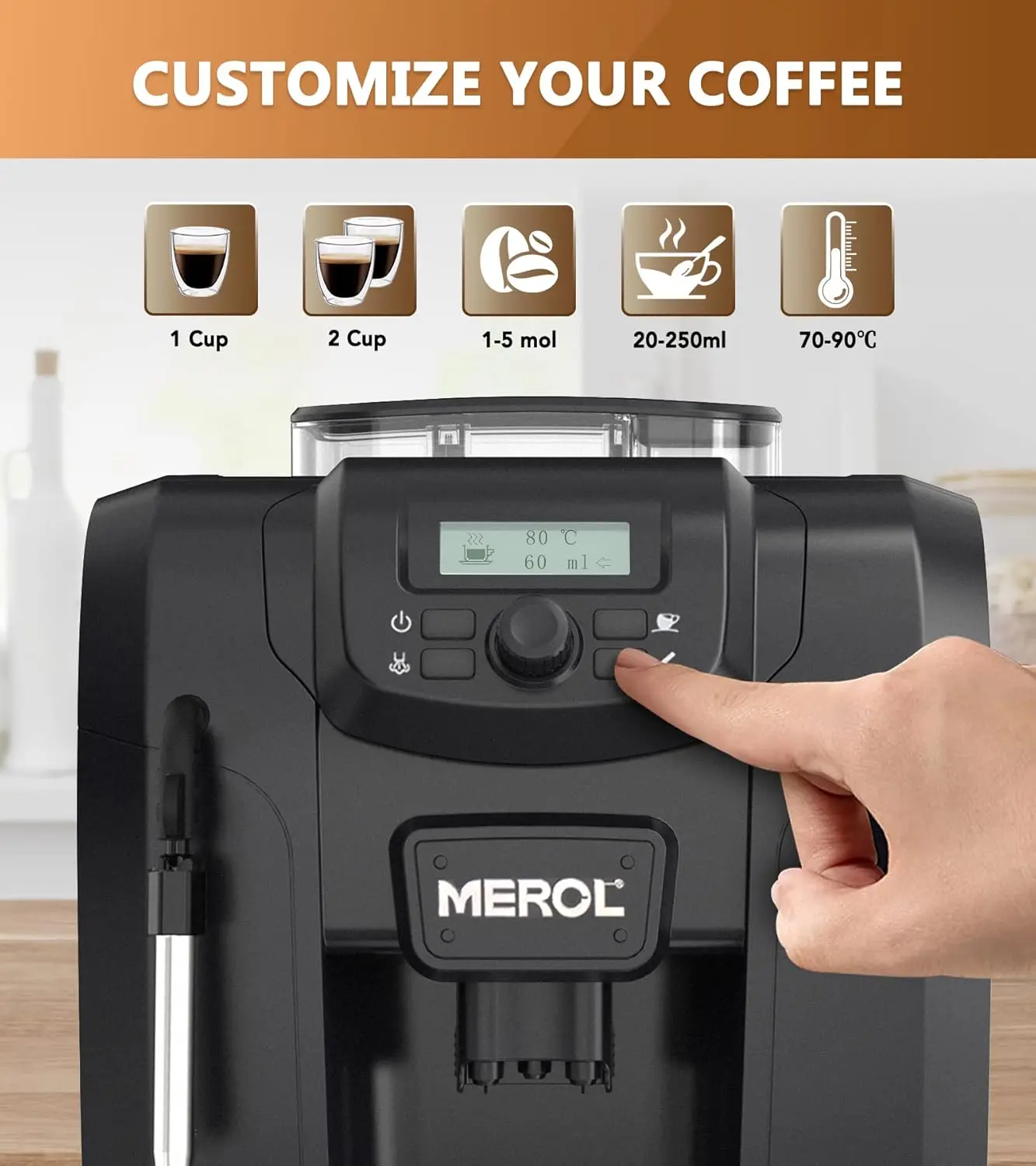 Fully Automatic Espresso Coffee Machine, 19 Bar Cafe Maker Built-in Adjustable Grinder and Manual Milk Frother ME-715, Black 4