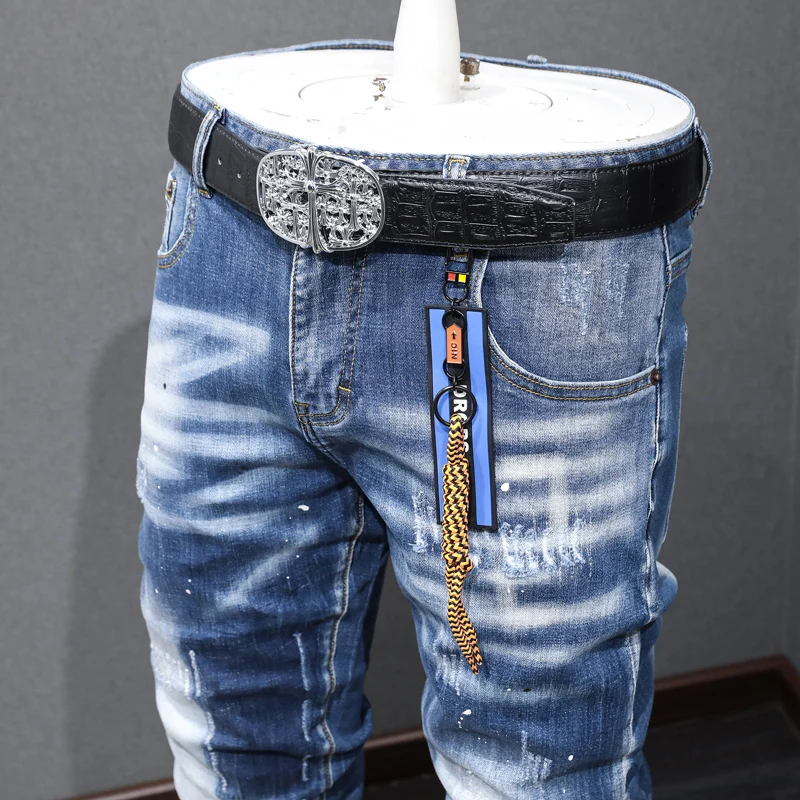 High Street Fashion Men Jeans Retro Blue Elastic Slim Fit Ripped Jeans Men Vintage Designer Stretch Casual Denim Pants Hombre