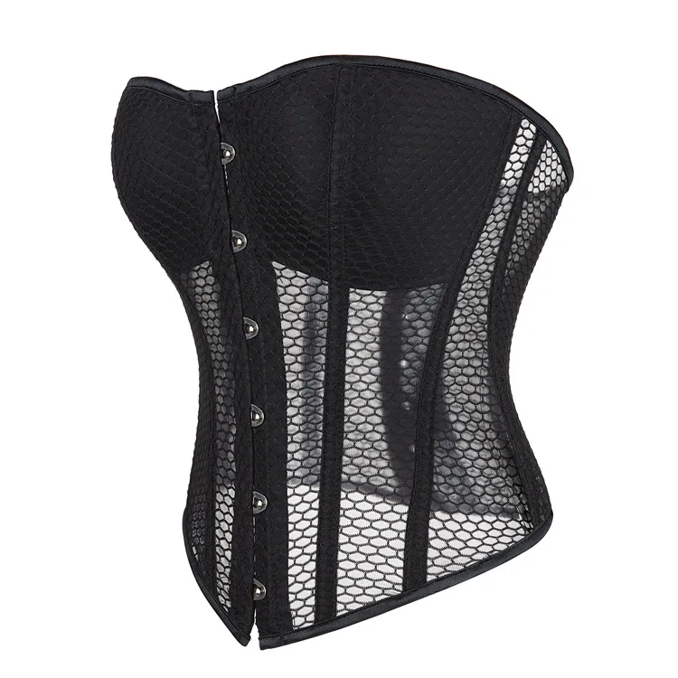 Overbust Corset for Women Hollow Out Mesh Breathable Corselet Sexy Transparent Mesh Corset Tops Waist Trainer Shapwear Black Red