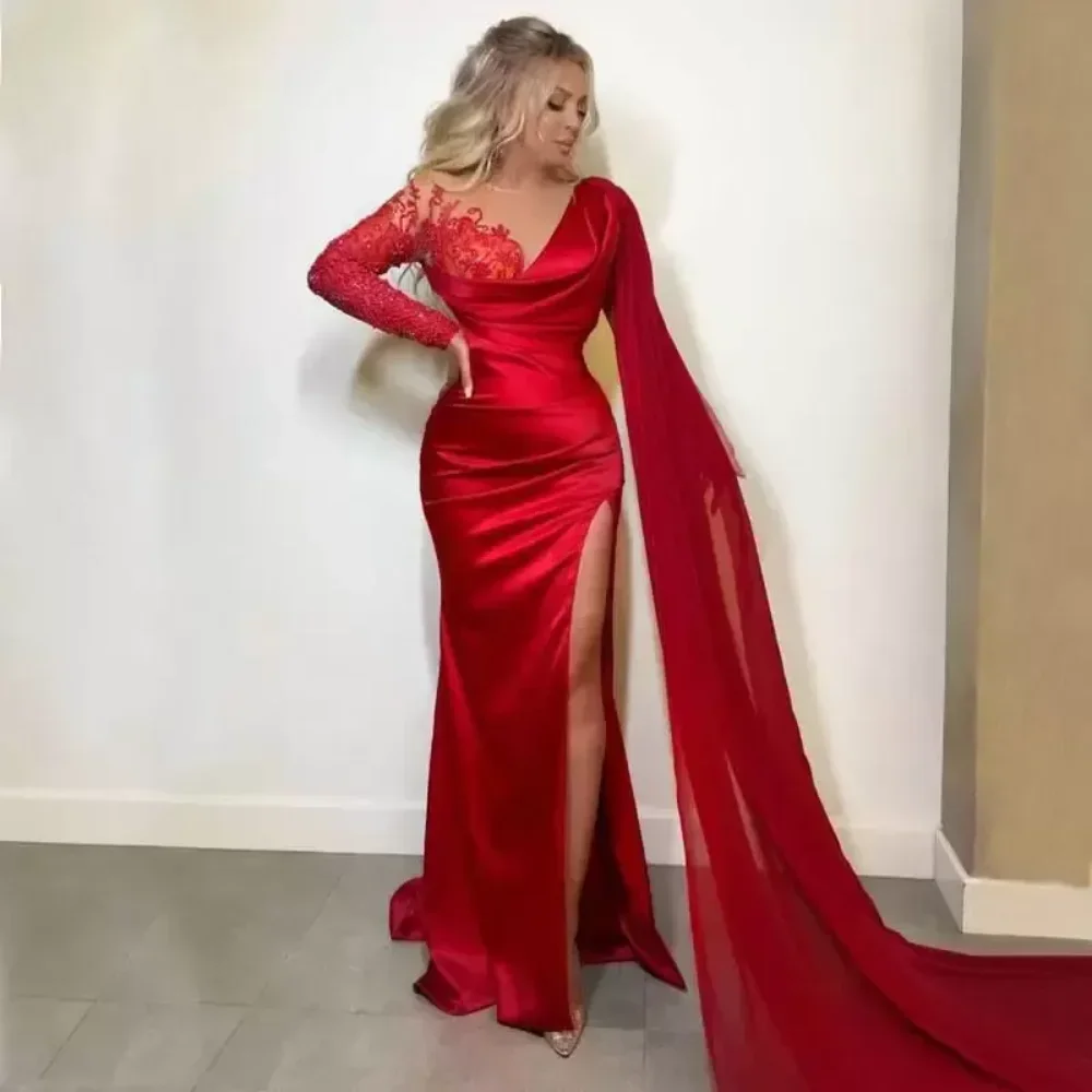 

Sexy Red Mermaid Prom Dresses Lace Applique V Neck Sweep Train Formal Party Evening Gowns Split Slit فساتين مناسبة رسمية 2024