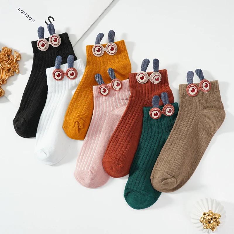 

4 Pairs Cute Cartoon Three-dimensional Big Eyes Boat Socks for Women Solid Color Vertical Stripes Girls Summer Short Ankle Socks