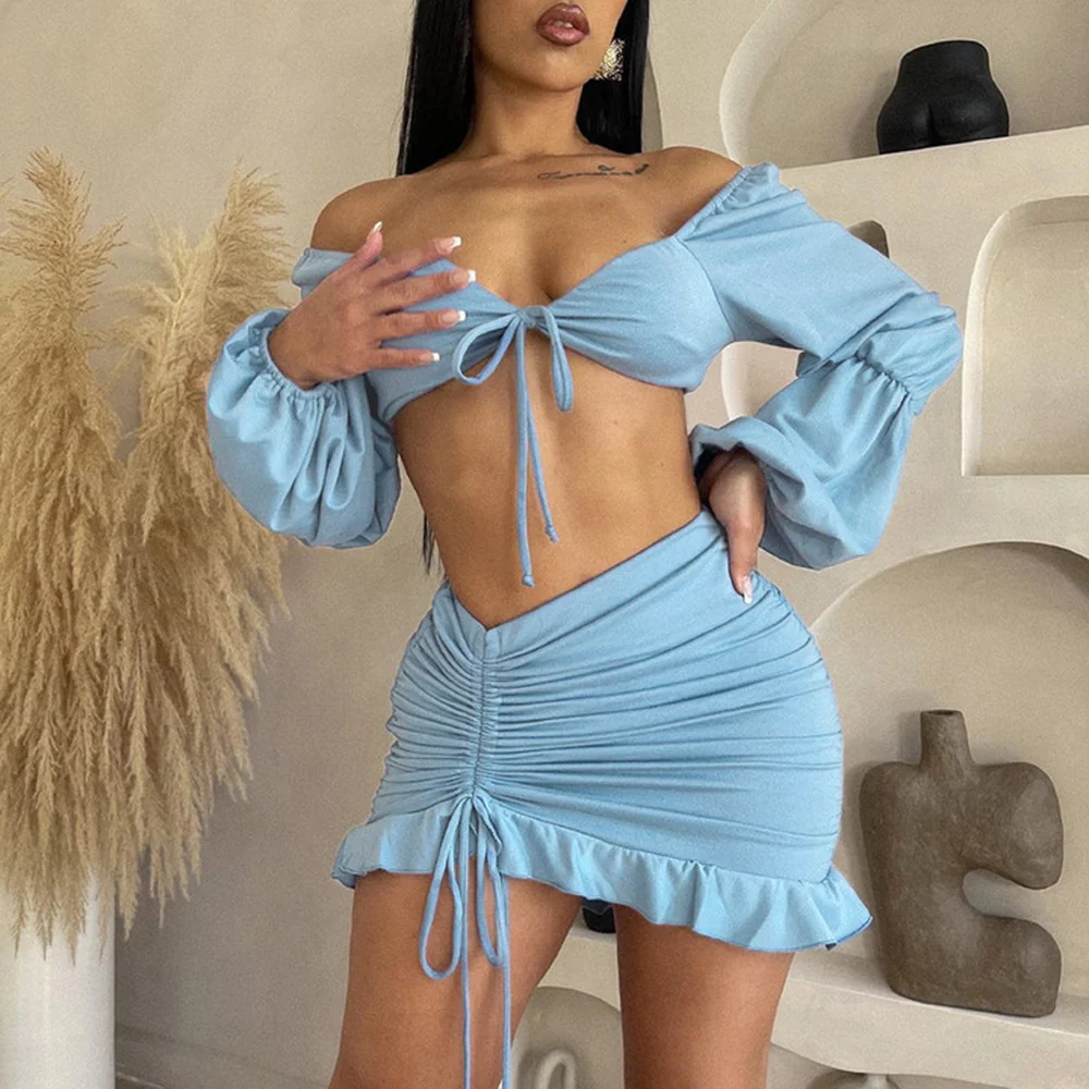 

Комплект одежды Cutubly, юбки, костюмы из 2 предметов, Женский ажурный топ Summeer 2023, короткая юбка на шнуровке, комплект из 2 предметов
