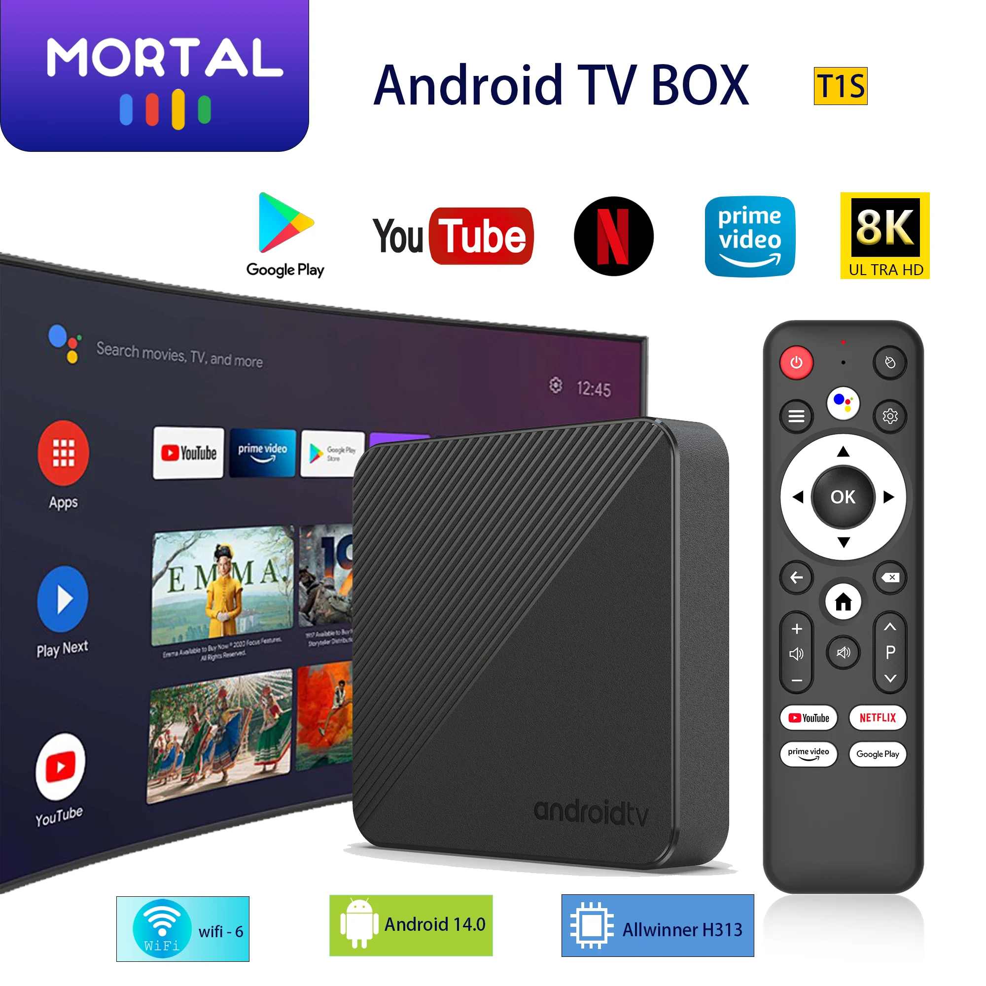 Android 14 Mortal T1S TV Box Wifi6 1000M Smart 4K Free Live