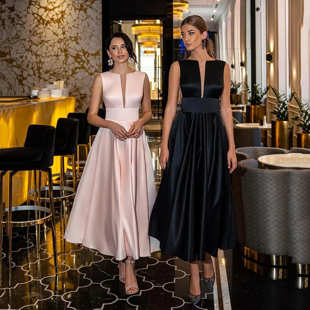 

Qcenkern High Neck Evening Dress Simple Slim Satin Sleeveless Backless A-LINE Ankle-Length Prom Dresses for Women