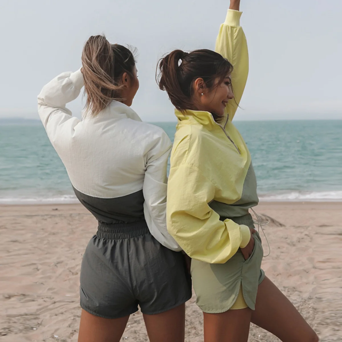 Conjunto de Duas Longa com Cordão com Zíper Camisa e Jogging Terno dos Esportes Treino Feminino Peças Manga Shorts Terno Verão Casual 11 longa com cordão com zíper camisa e