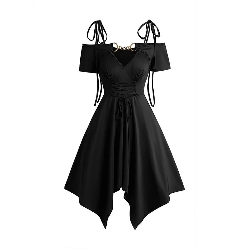 Sundress Shoulder Lace-up Slimming Solid Color Short Dress Shoulder Bow Tie Strap
