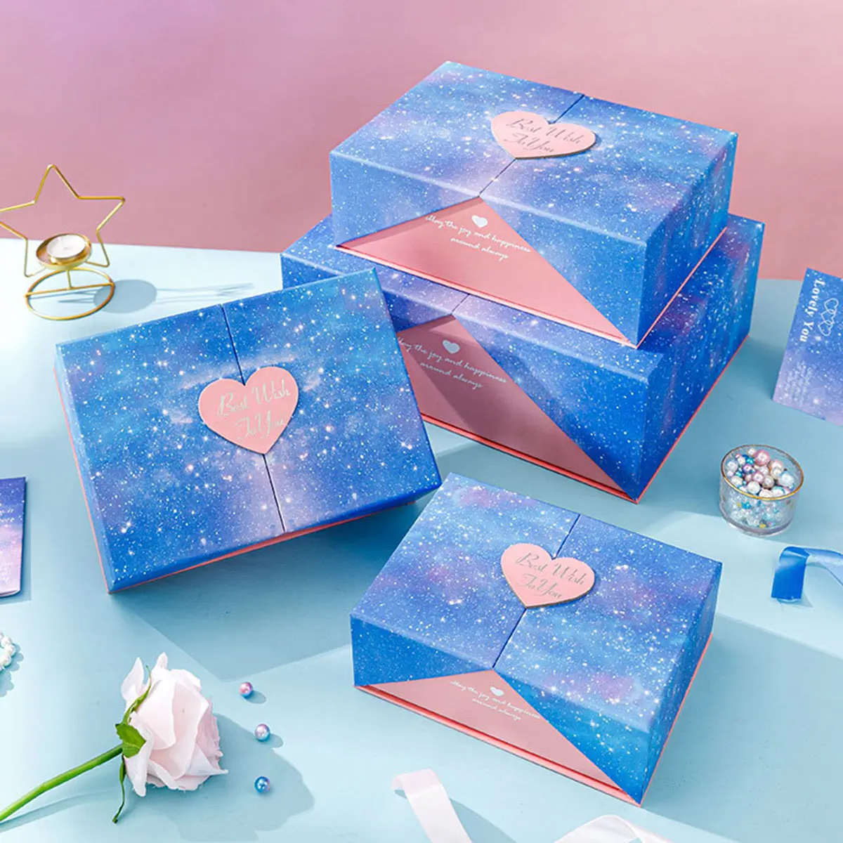Gradient Starry Sky Gift Box Heart Double Door Exquisite Valentine's Mother's Day Birthday Christmas Gift Packaging Paper Case