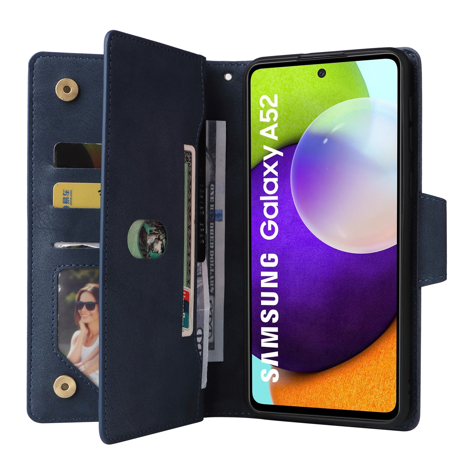 Premium Multi-Card Zipper Kickstand Magnetic Flip Leather Wallet Case