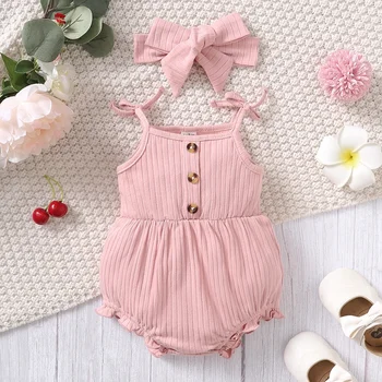 Body neonata 0-9 mesi pagliaccetto senza maniche con bretelle rosa carino + fascia grande 2 pezzi Set di vestiti estivi per neonata