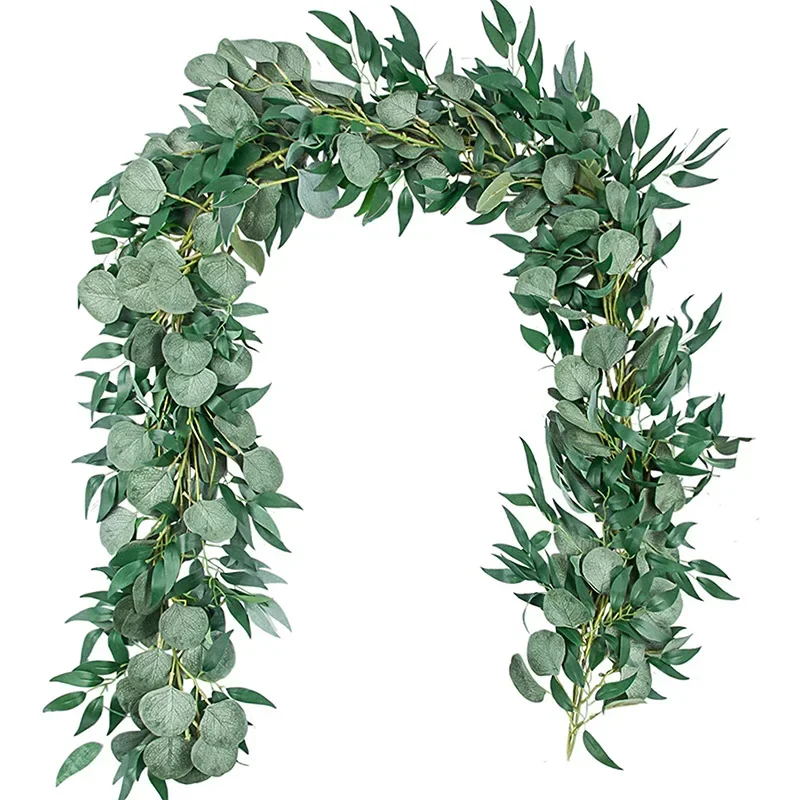 

Artificial Eucalyptus Wreath with Willow Leaves 1.8m Fake Green Vine Plant Wedding Decoration