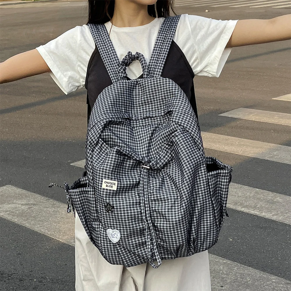 Korean Style Plaid Drawstring Backpack,Casual Lightweight Nylon Bag,Perfect for Daily Commute,Shopping and Casual Outings 1