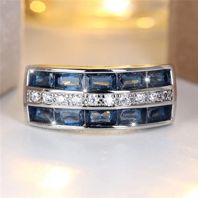 Cute Female Blue Zircon Stone Engagement Ring Silver Color Wedding Jewelry For Women