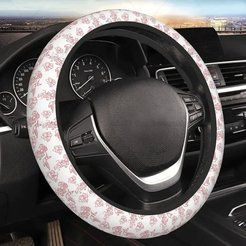 

Pink Birds and Flowers Pattern Car Steering Wheel Cover Breathable Auto Steering Wheel Cover Car Accessories for Most Vehicle