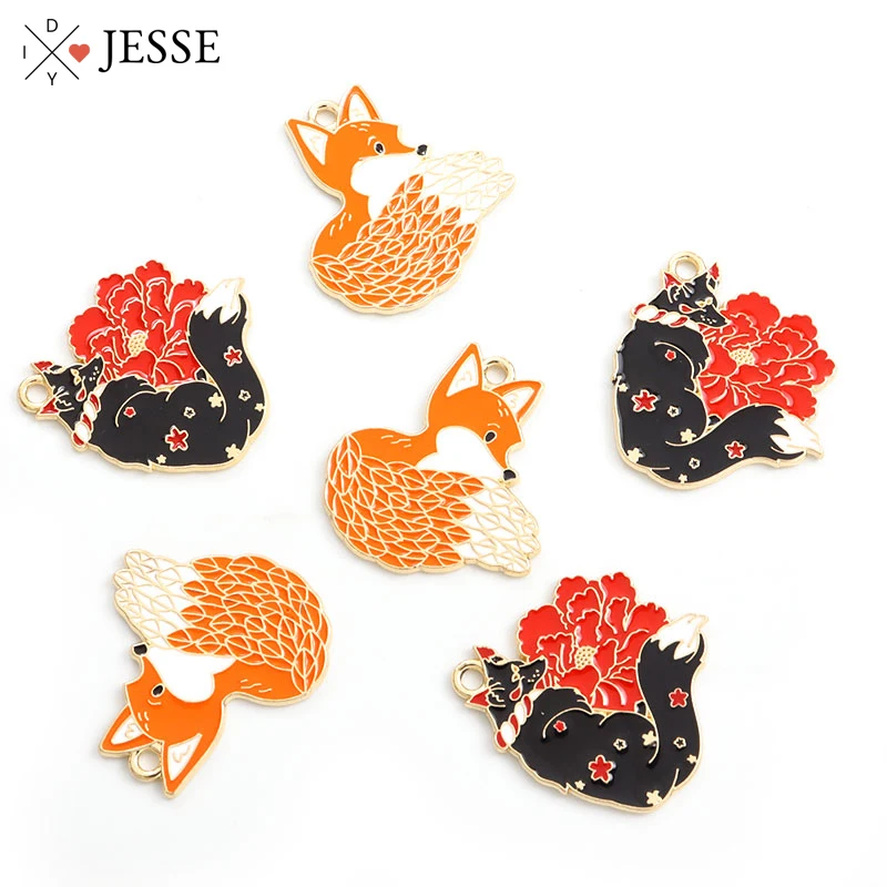 

4pcs/Set Lovely Enamel Fox Charms Flower Wolf Cute Animal Drip Oil Earring Pendant Necklace Bracelet Accessories Crafts Supplies