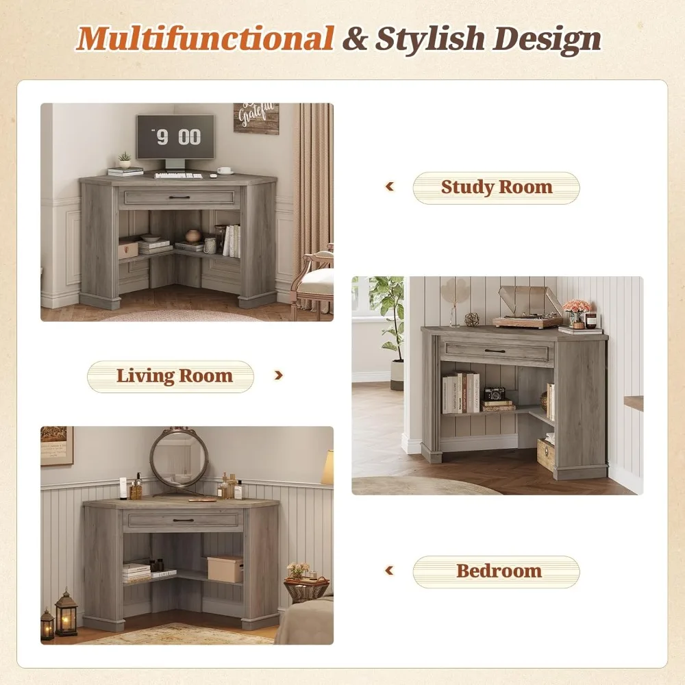 31.5" small corner desk, corner desk for small space, farmhouse computer desk with drawers, triangle computer desk with storage
