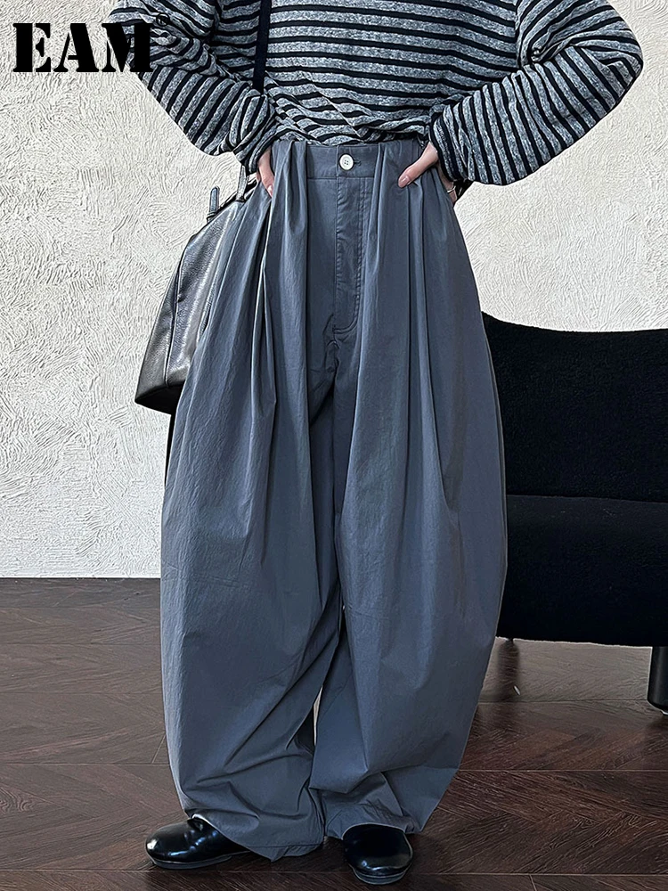EAM High Waist Gray Brief Pleated Pocket Long Wide Leg Pants New Trousers Women Fashion Tide Spring Autumn 2026 1DJ3673