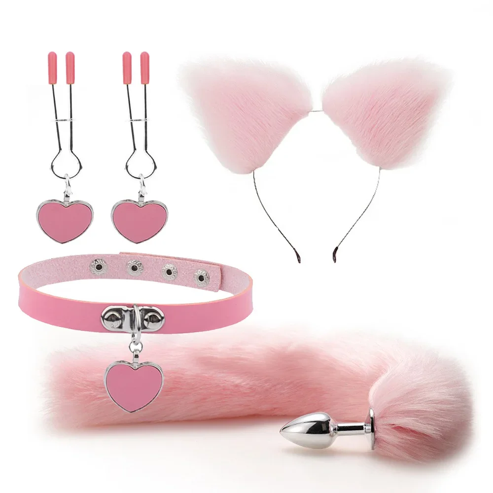 Anal Sex Toys Fox Tail Butt Plug Sexy Plush Cat Ear Headband With Bells Necklace Set For Women Couples Cosplay