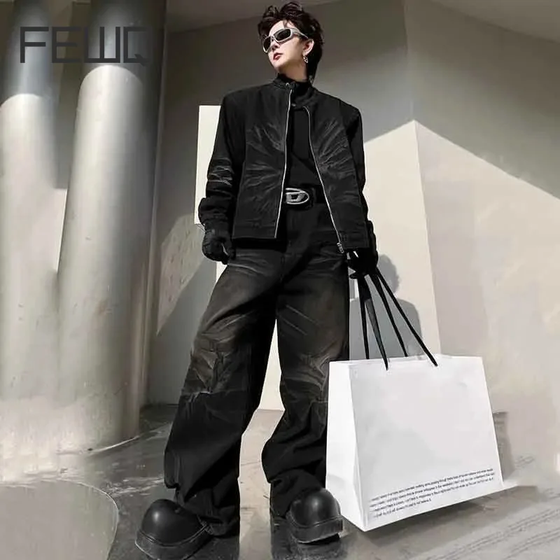 

FEWQ Gradient Color Men's Denim Suit High Street Stand Collar Zipper Male Jackets Chic Men Wide Leg Jeans Spring New 2024 9C4493
