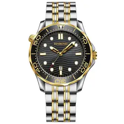 BINBOND Luxury Sea Horse Series Men's Quartz Watch - Elegant Luminous Waterproof Design (Steel Gold Black)