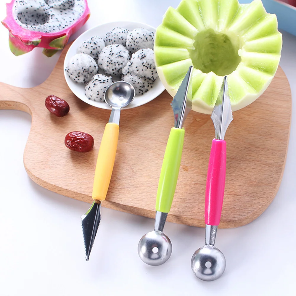 Double-Ended Stainless Steel Fruit Ball Digger 1Pcs Summer Watermelon Carving Knife 2 In 1 Melon Cutter Kitchen Gadget Supplies