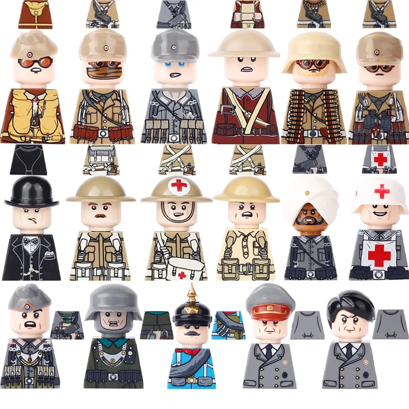 

Military German Officer Building Blocks British Army Soldier Infantry North African Pilot Medical Corps Figures Mini Brick Toys