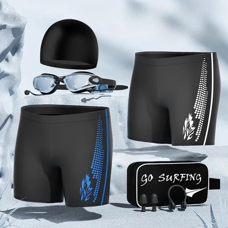 Swimming Trunks Men's Professional Quick-drying Anti-embarrassment Large Size Flat Angle Swimsuits Soaking Spa Goggles Cap