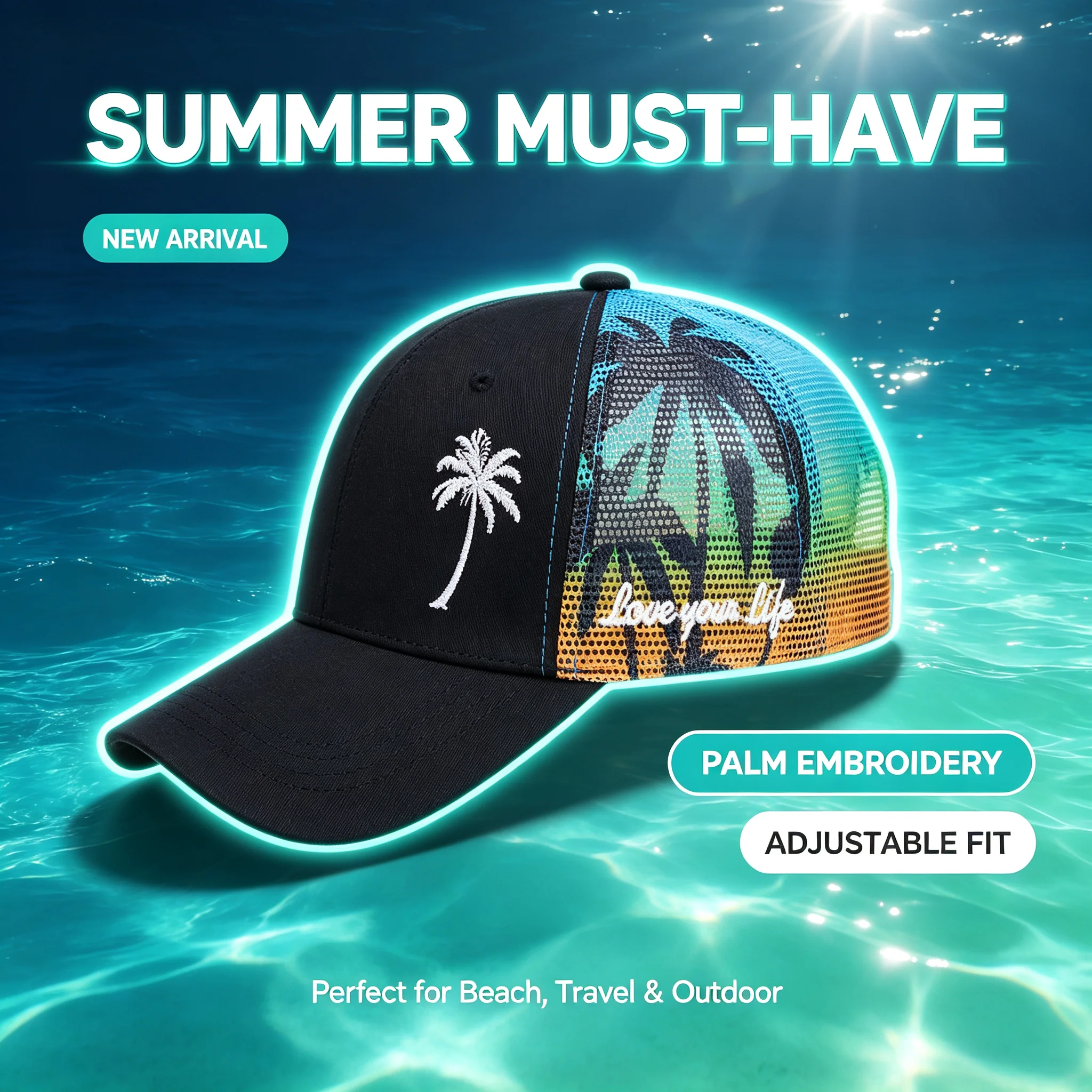 Trucker Coole Designs Atmungsaktive Kokosnussbaum-Stickerei Baseball Outdoor Schatten Sonnenschutz Mesh Cap Herren- und Damen-Sonnenhut