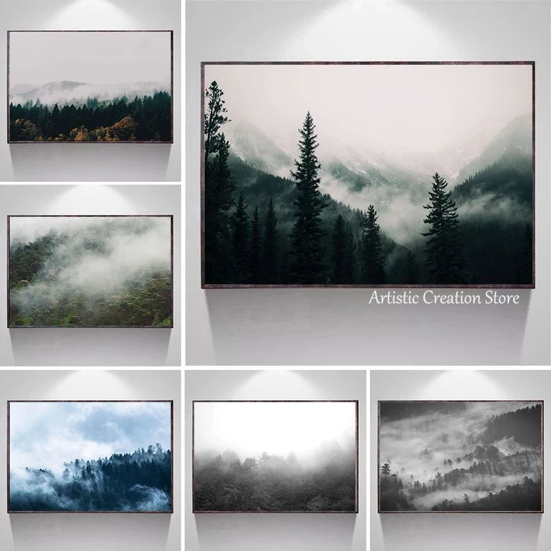 Nordic Mountain Lake Fog Forest Nature Landscape Poster Canvas Painting Stampe Scandinave Wall Pictures Living Room Art Decor