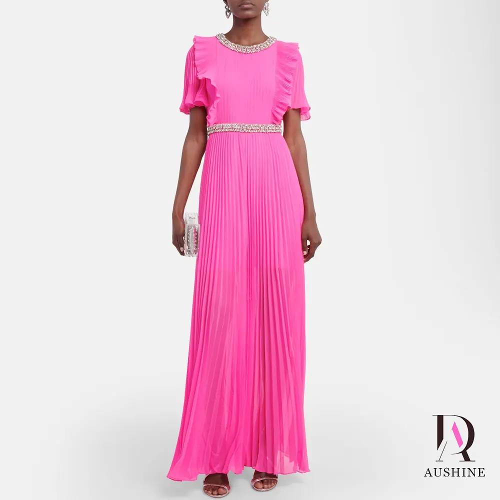 

Aushine Dress Floor Length Luxury Birthday Evening Dress Short Sleeves Summer Elegant Wedding Party Gowns For Women O-Neck