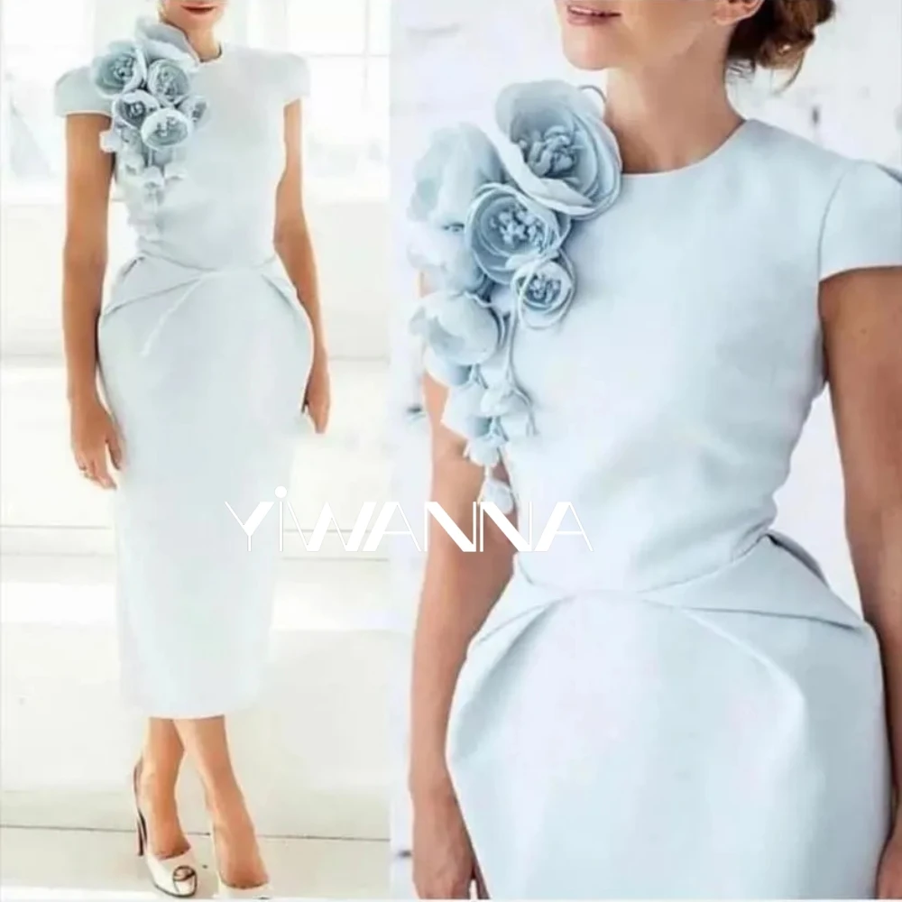 

Simple Short Sleeve Mother Of The Bride Dress For Wedding Elegant 3D Flower Prom Dress Modest Blue Tea-length Evening Gown