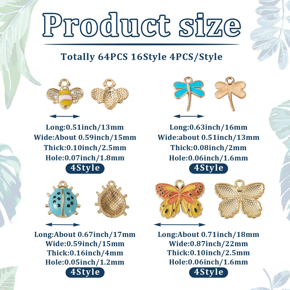 64Pcs Alloy Enamel Charms Spring Butterfly Ladybird Dragonfly Enamel Pendants for Necklace Earrings Summer Jewelry Accessories