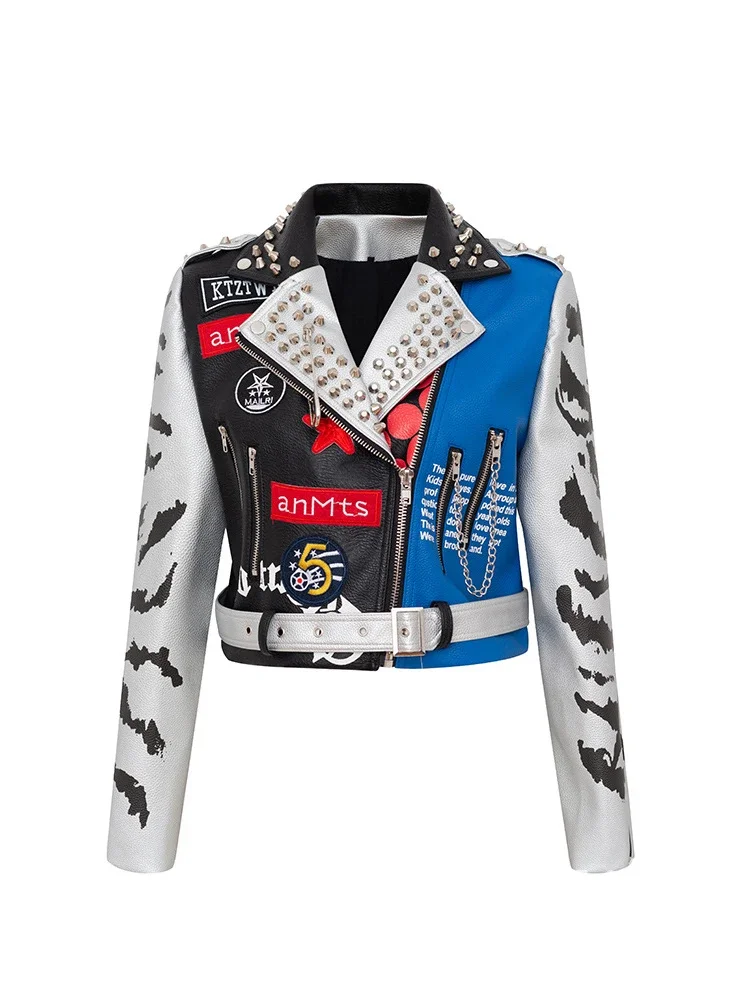 Punk Studded Motorcycle Jackets for Women 2024 Trend Streetwear Graffiti Print Color Contrast Cropped Faux Leather Jacket