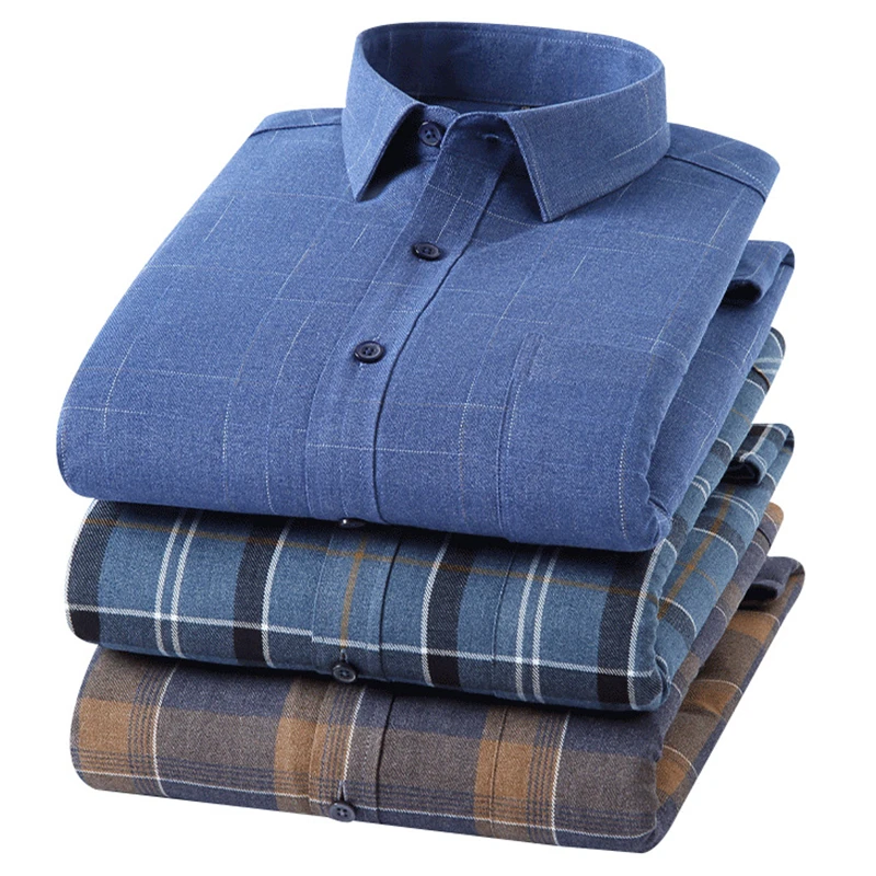 

23-color Men Plus Size Down Thermal Shirt 2022 Winter New Business Fleece Thick Warm Plaid Shirts Classic Brand Plus Velvet Tops