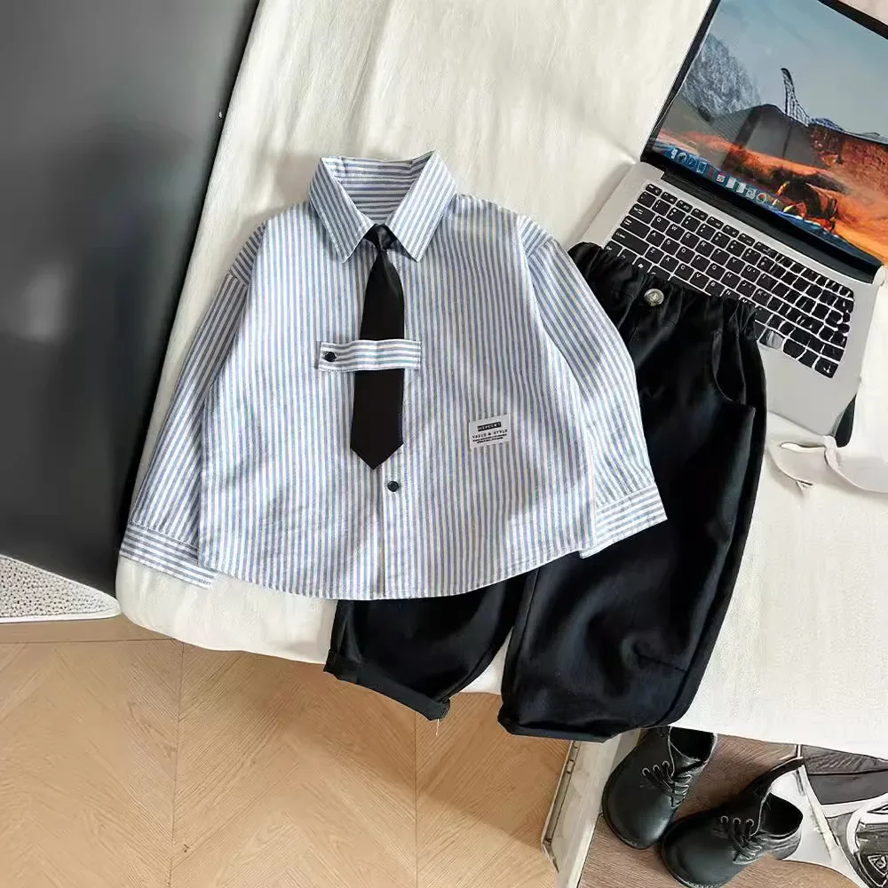 Baby Boy Preppy Striped Cotton Shirt Inner Wear Tie Jacket Children's Outfit West Style Coat Male Toddler College Fashion