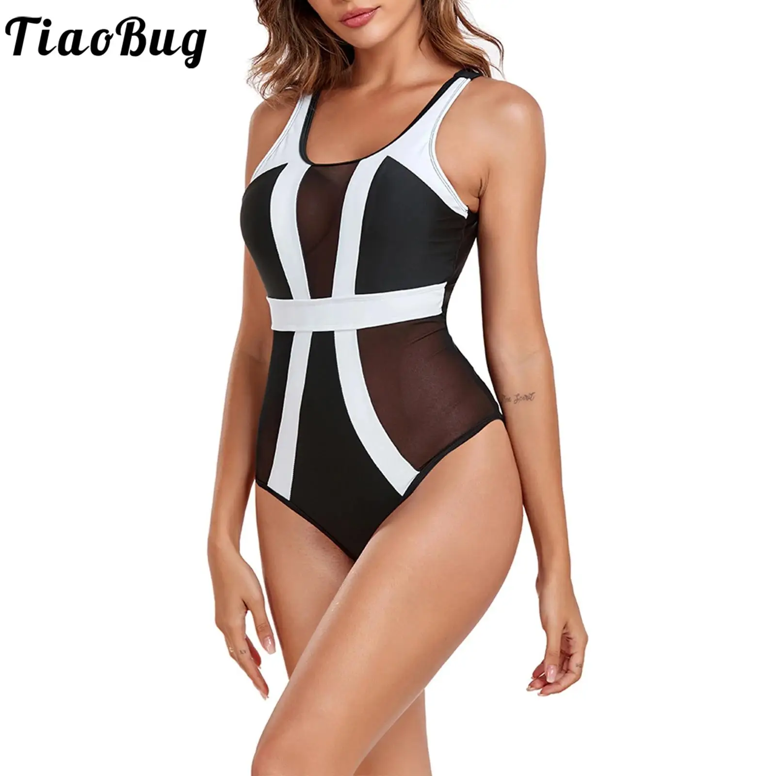 

TiaoBug One-piece Women Sexy Swimsuit See Through Mesh Patchwork Leotard Swimwear Low Sleeveless Party Beachwear Bathing Suit