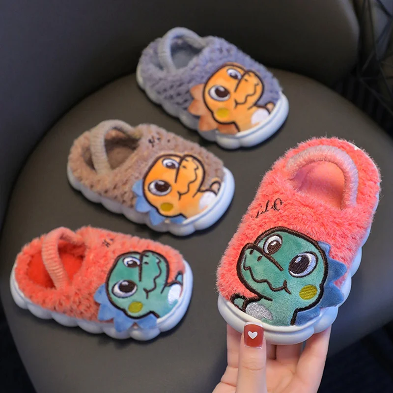 

Kids Warm Plush Shoes Winter Children Indoor Slippers Cartoon Dinosaur Home Floor Slipper Anti-slip Boys Girls Cotton Footwear