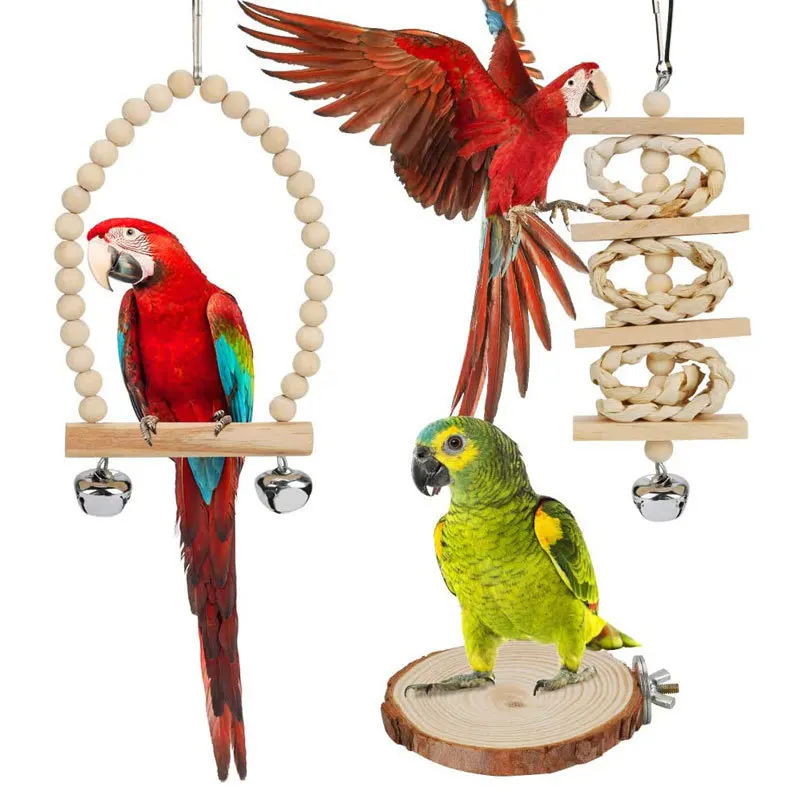 7PCS Set Combination Parrot Bird Toys Wood Articles Bite Pet Bird Toys For Parrot Training Bird Toy Swing Ball Bell Standi 5