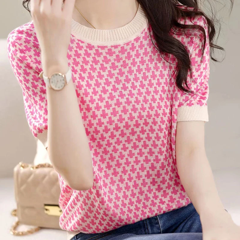 

Summer Women Short Sleeve Tshirts O Neck T Shirt Female Pullover Knitted Top Tee Shirt Femme 2023 Korean Fashion Womens Clothing