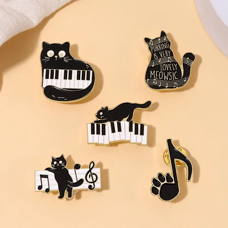 Black And White Keys On The Piano Enamel Pins Cat And Musical Note Brooches Lapel Badges Concert Jewelry Gift For Art Friends