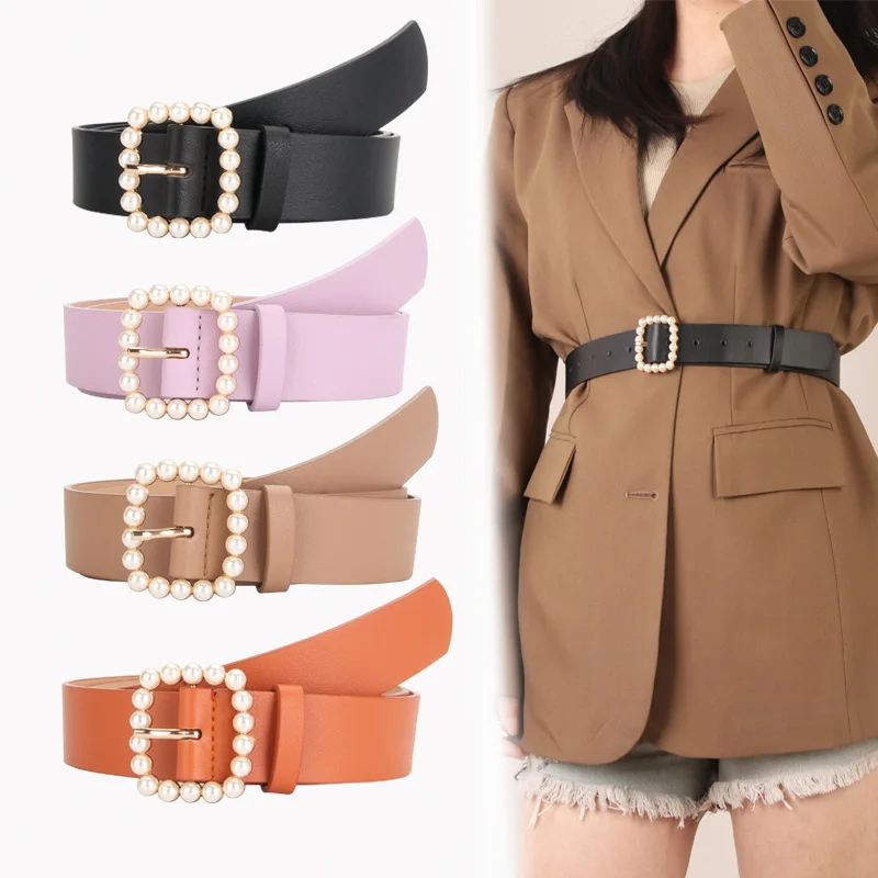 New Square Buckle Pearl All-match Belt fashion All-match Sweet And Lovely Ladies Belt BS1039 new fashion ladies bright color wide belts for girls 2022 vintage square pin buckle coat dress women s waist belts