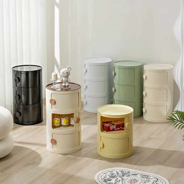 Household Nordic Bedside Table with Handle Portable Creative Round Storage Cabinet Bedroom Multi-Layer Modern Simple Plastic Sid