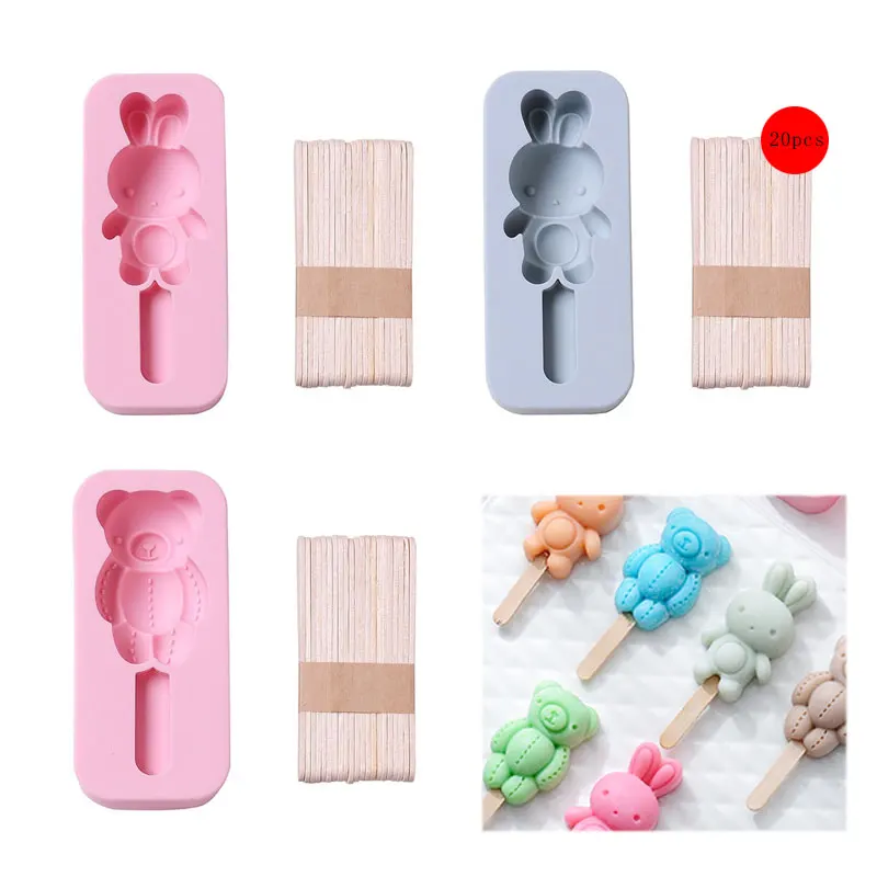 Cute Rabbit Popsicle Molds Silicone Rabbit Ice Pop Molds Homemade Popsicle  Silicone Mold with 100pcs Popsicle Sticks Reusable Easy Release Summer Ice