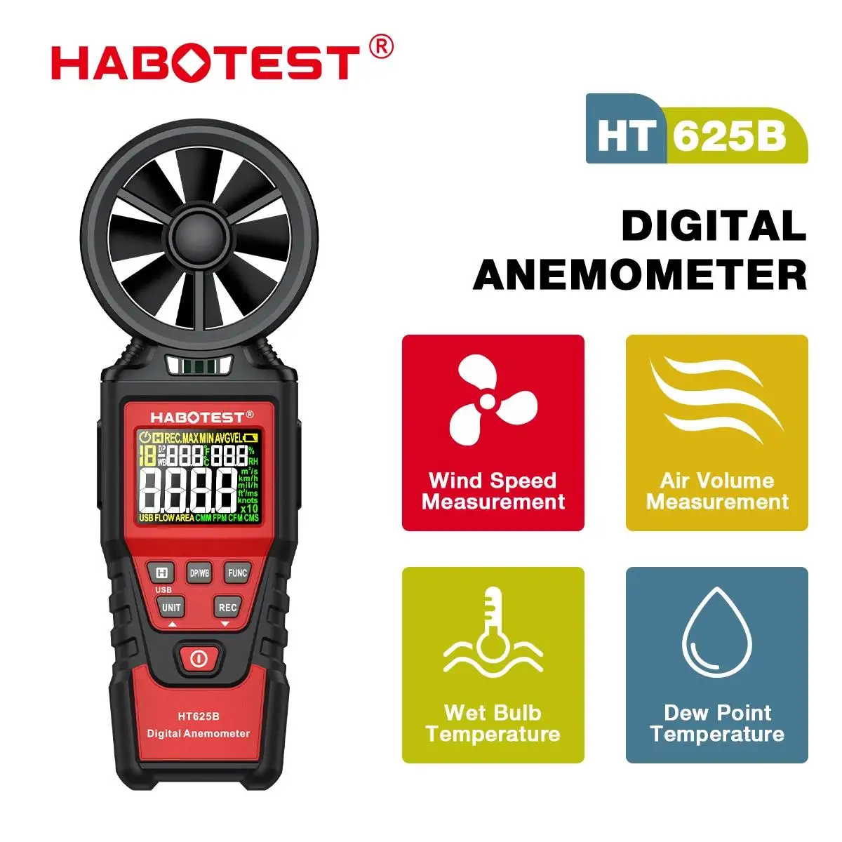 HABOTEST Digital Anemometer HT625A HT625B, portable hand held wind speed meter windmeter LCD display temperature humidity meter