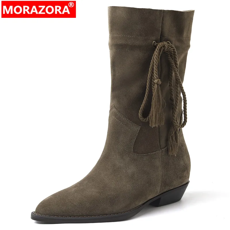 

MORAZORA 2024 New Fringe Cow Suede Leather Autumn Boots Women Female Lace Up Mid Calf Boots Square Low Heels Shoes