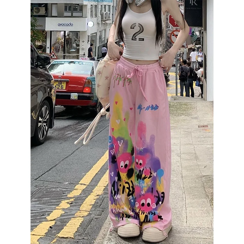2024 Summer Fashion High Waisted Lace Up Print Loose and Slimming Street Trend Dopamine Dressing Casual Wide Leg Pants for Women