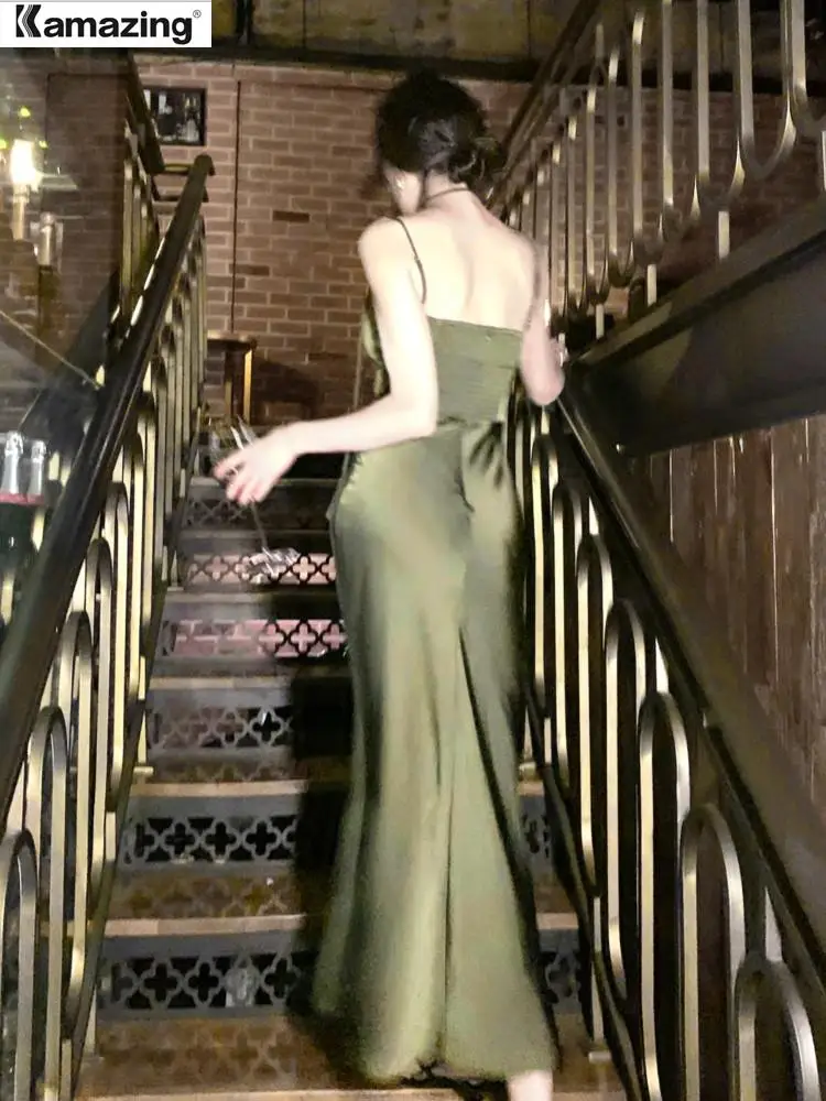 ドレス カーキ ロング メッシュ ストラップ セクシー レディース SMLサイズ]ワンカラー谷間魅せウエストベルトモチーフ付きベア