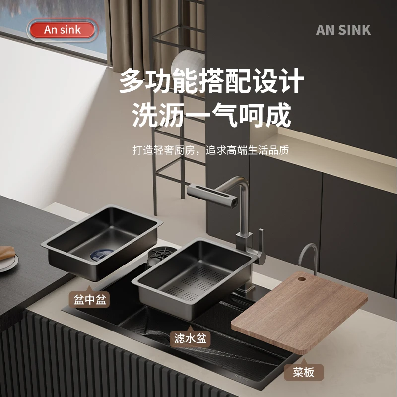 Stainless steel sink household millet embossed large single slot left launching thickened kitchen vegetable basin handmade basin